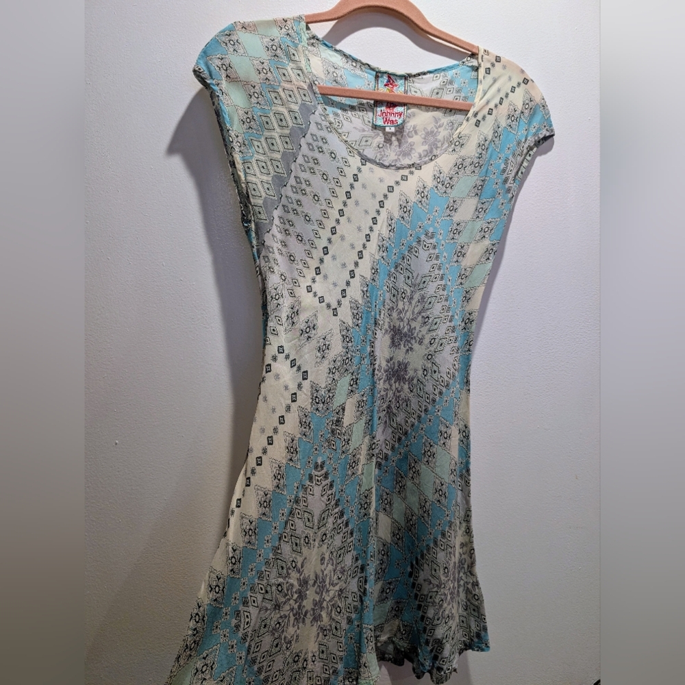 Johnny Was Geometric Blue and Cream Blouse